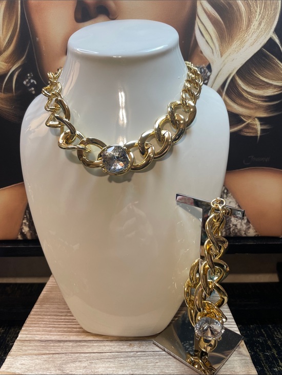 Jewelry - Gold Chain Statement Necklace and Bracelet Set with Crystal Accent